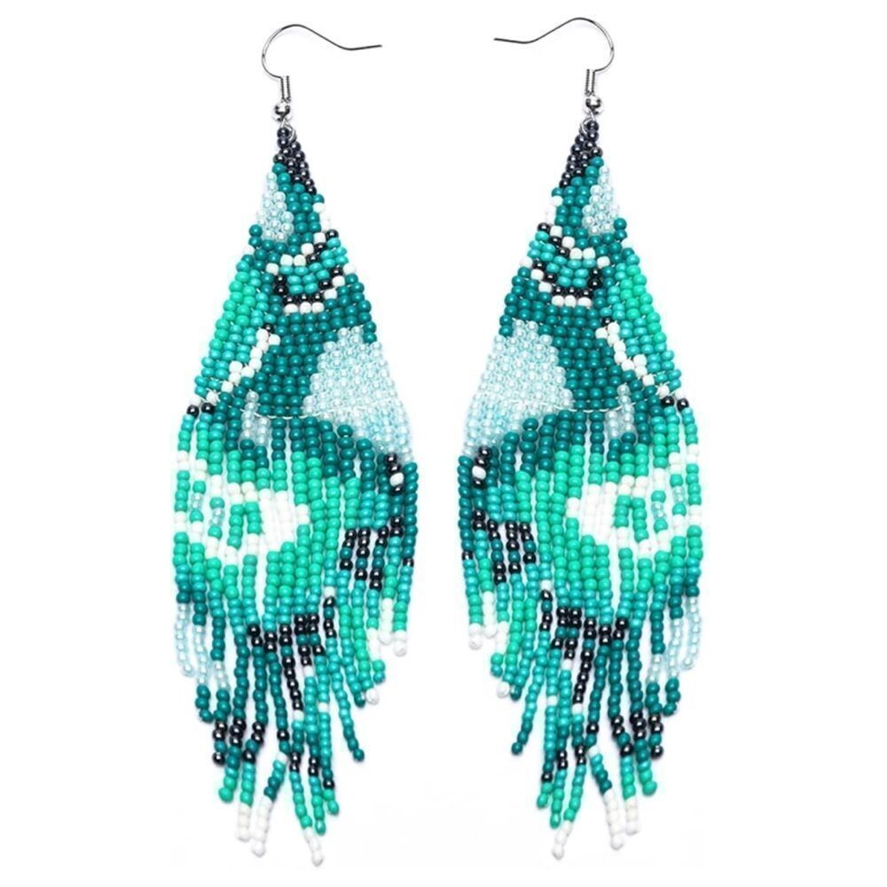 Abstract Bohemian Seed Bead Tassel Dangling Statement French Wire Hook Earrings